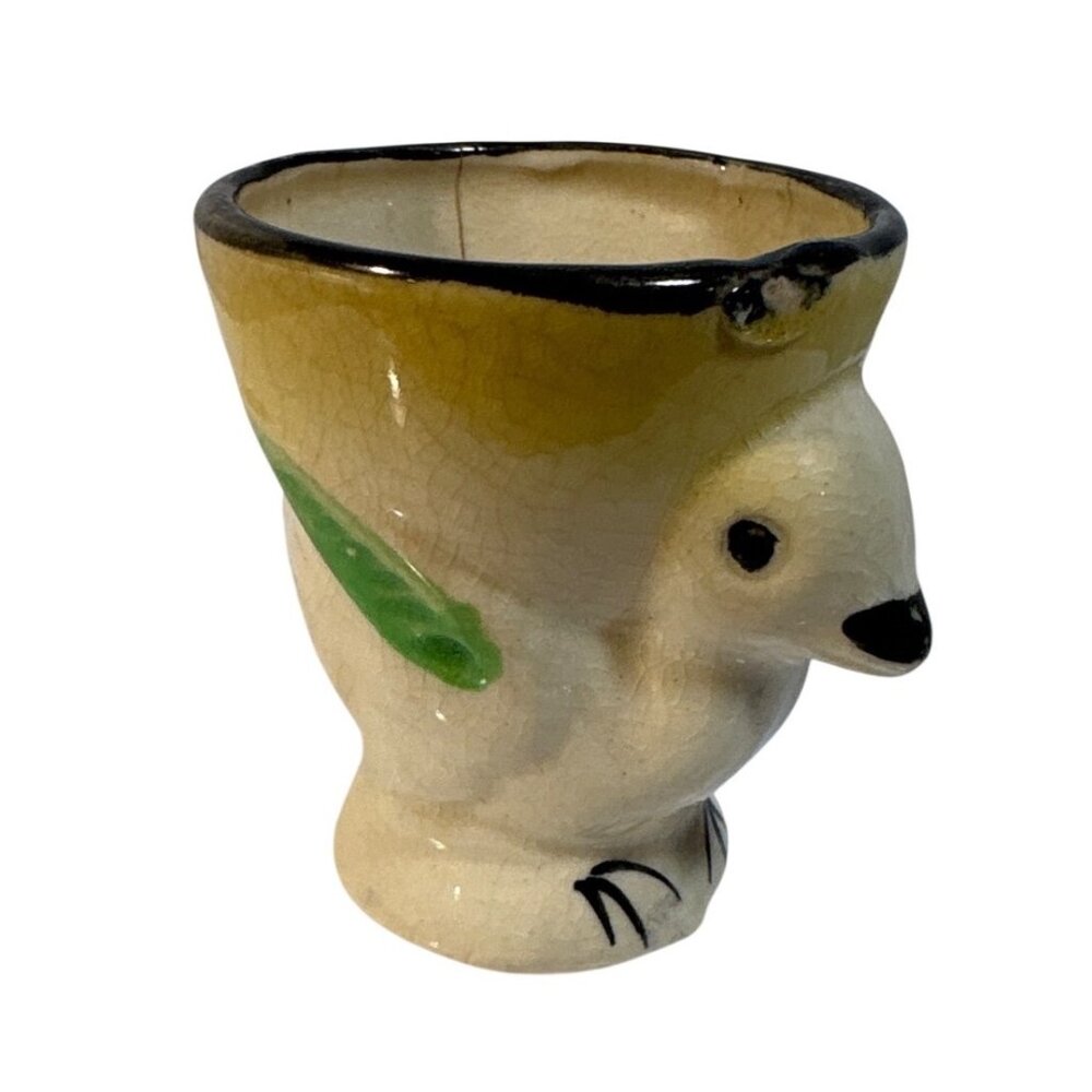 Bird Figurine Egg Cup Made In Japan Yellow Green With Black Accents 1950's READ